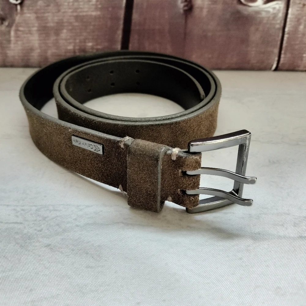 CK Calvin Klein Men's Brown Genuine Leather Belt Silver Buckle 40